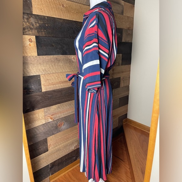 Zara Red White Blue Striped Mid Button-Up Midi Dress, Size Large - Picture 4 of 8